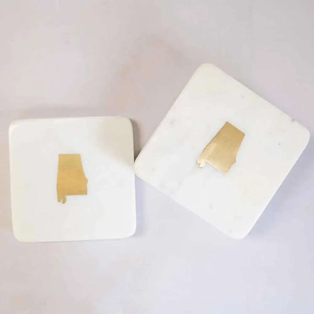 The Royal Standard Alabama Marble Coasters White/Brass 4x4 Set of 4 New